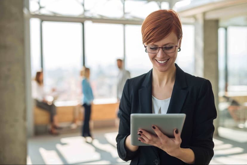 Woman in office looking at a tablet